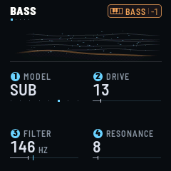 BASS, SEQ's first page: MODEL SINE, DRIVE 16, FILTER 837 Hz, RESONANCE 16