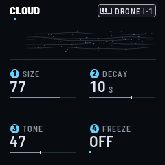 CLOUD, FX's second page: SIZE 75, DECAY 9.0 s, TONE 50, FREEZE OFF