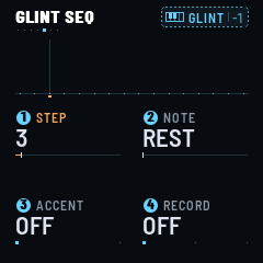 GLINT ARP, ARP's fifth page with TYPE on ARP: MODE UPDOWN, RATE 1/8, RANGE 2 octaves, CHANCE 100