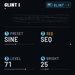 GLINT I, ARP's first page: PRESET SINE, TYPE ARP, LEVEL 71, BRIGHT 0; the keys' badge: ARP