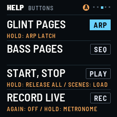 Help: GLINT PAGES on ARP (hold: ARP LATCH), BASS PAGES on SEQ, START, STOP on PLAY (hold: release all; on scenes: load), RECORD LIVE on REC (again: off; hold: the metronome)