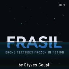 FRASIL's logo screen: the name half under the waterline, granules of frasil drifting in the sky, by Styves Goupil