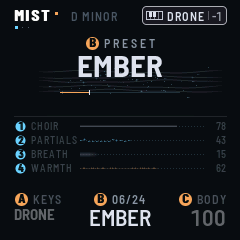 PRESETS turned: the drone's preset, EMBER, large over the river, 06/24 at the bottom