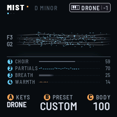 The play page: the scene, MIST, with an amber dot (the sound changed) and the keys' badge (DRONE, octave -1) in the header; three voices as currents of ice in the river; the drone's mix and WARMTH as four strata under the waterline; KEYS (DRONE), the drone's preset (CUSTOM) and BODY at the bottom