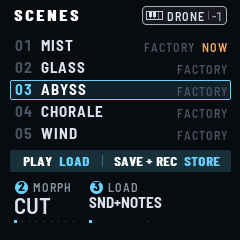 SCENES: scene 03, ABYSS, sound only; in a box of their own, PLAY LOAD and SAVE + REC STORE; MORPH CUT, LOAD SND+NOTES